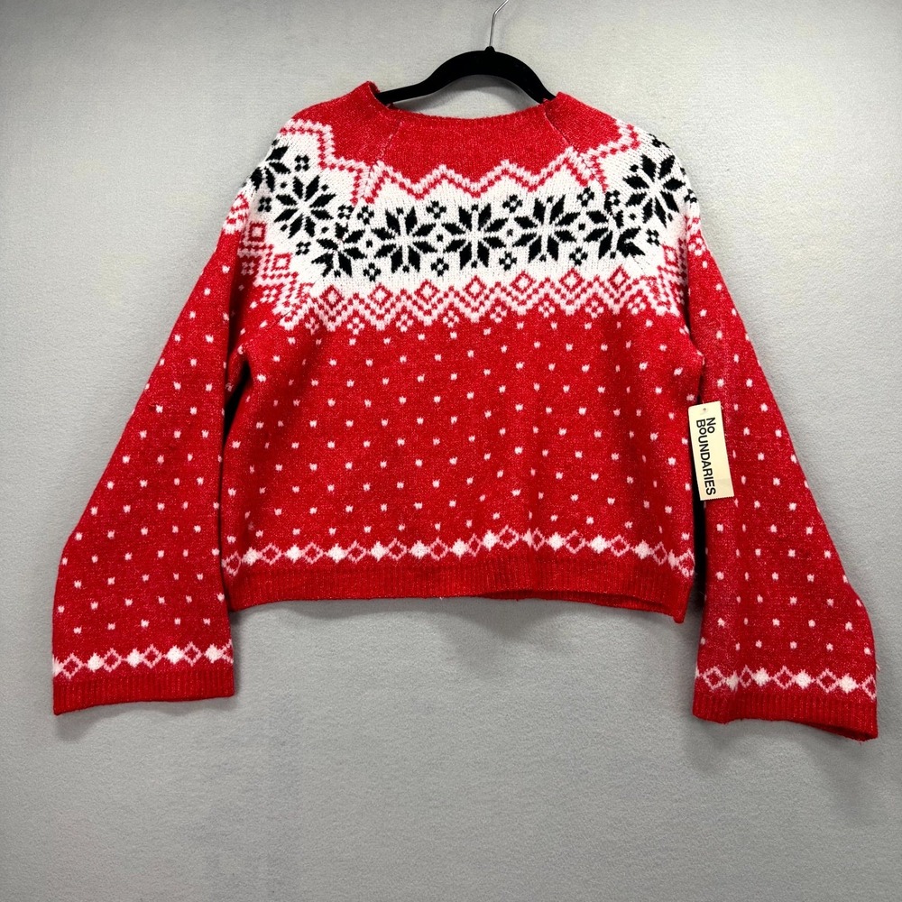 No Boundaries Thick Sweater Womens Large Red Fair Isle Jacquard Knit Crew‎ NEW